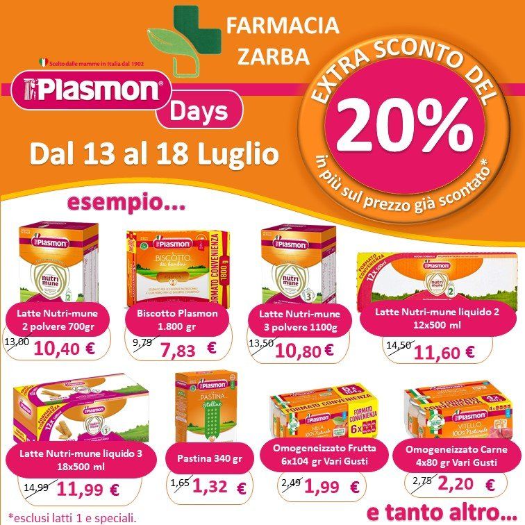 Plasmon Days  farmacia Zarba - Extra sconto del 20 % sul prezzo già scontato