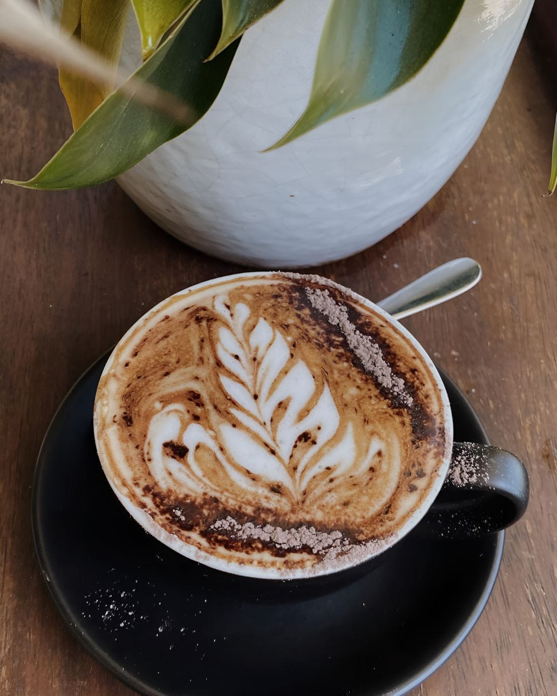 A Cup of Coffee With a Plant in the Background — The Pass Cafe In Byron Bay, NSW