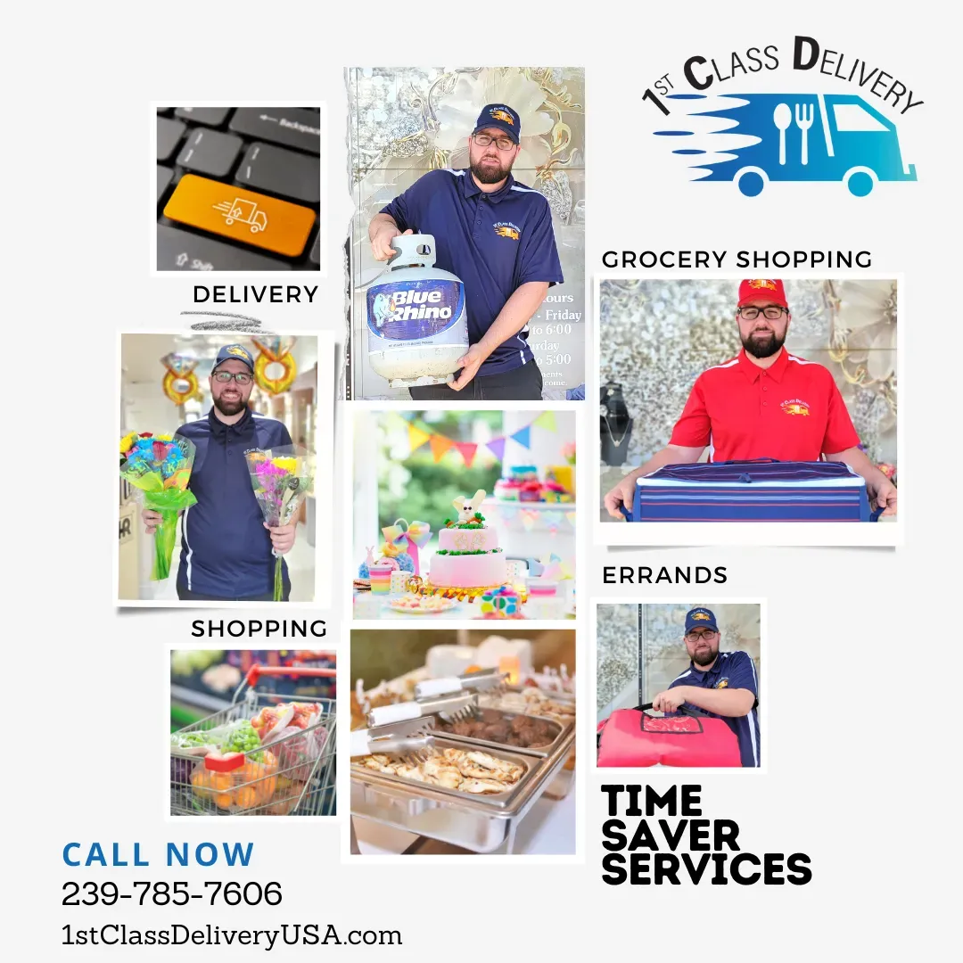 1st Class Delivery ad. Man providing services: grocery, errands, shopping, delivering food. Contact info included.