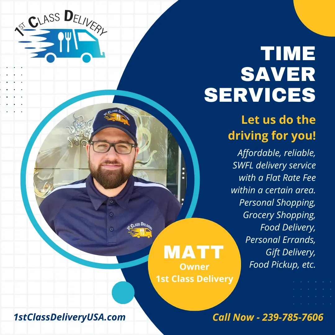 Advertisement for 1st Class Delivery with a photo of Matt, the owner, and service details.