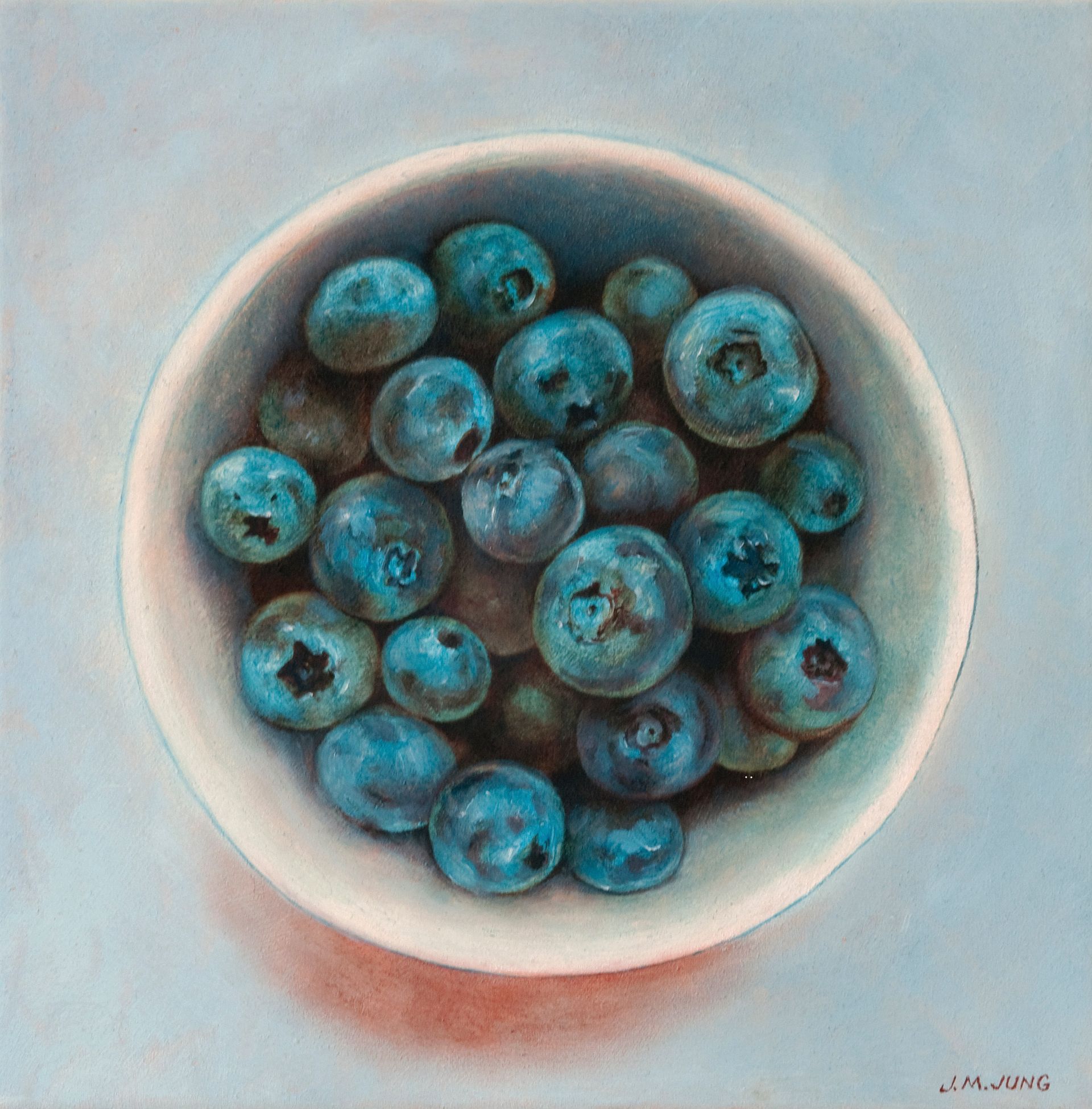 Looking down into a painting of a white bowl full to the brim with blueberries.