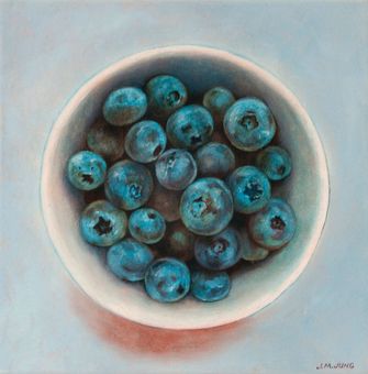 This painting's perspective is looking down into a white bowl filled with blueberries.