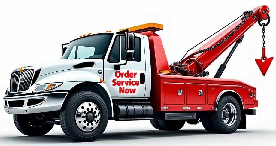 A red and white tow truck that says order service now