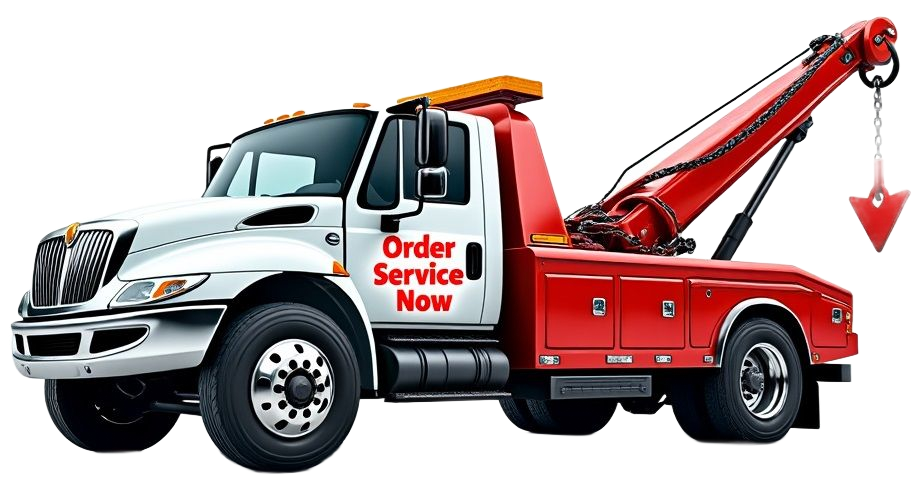 A red and white tow truck that says order service now