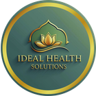 Logo of Ideal Health Solutions with a gold lotus flower, teal background, and gold border.