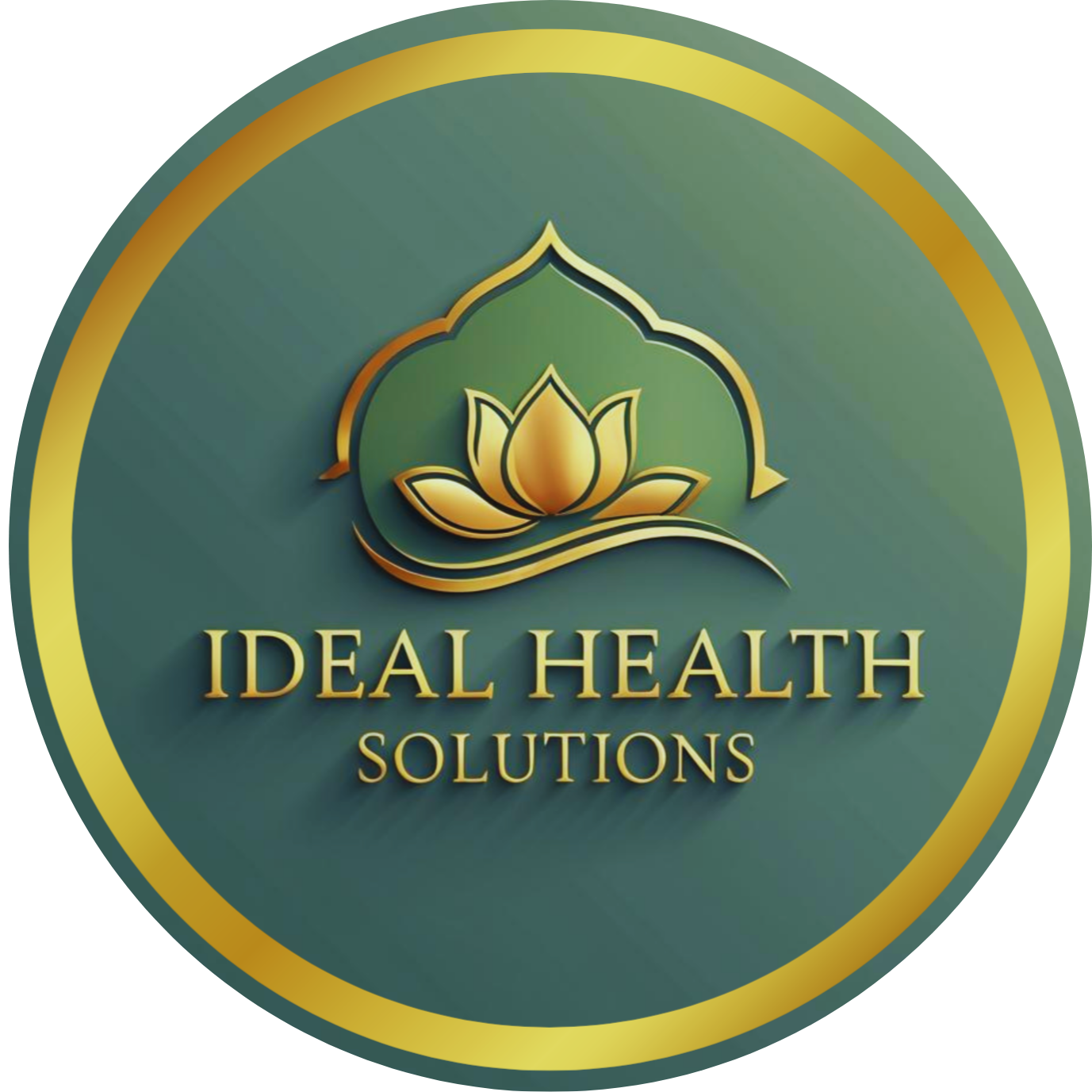 Logo of Ideal Health Solutions with a gold lotus flower, teal background, and gold border.