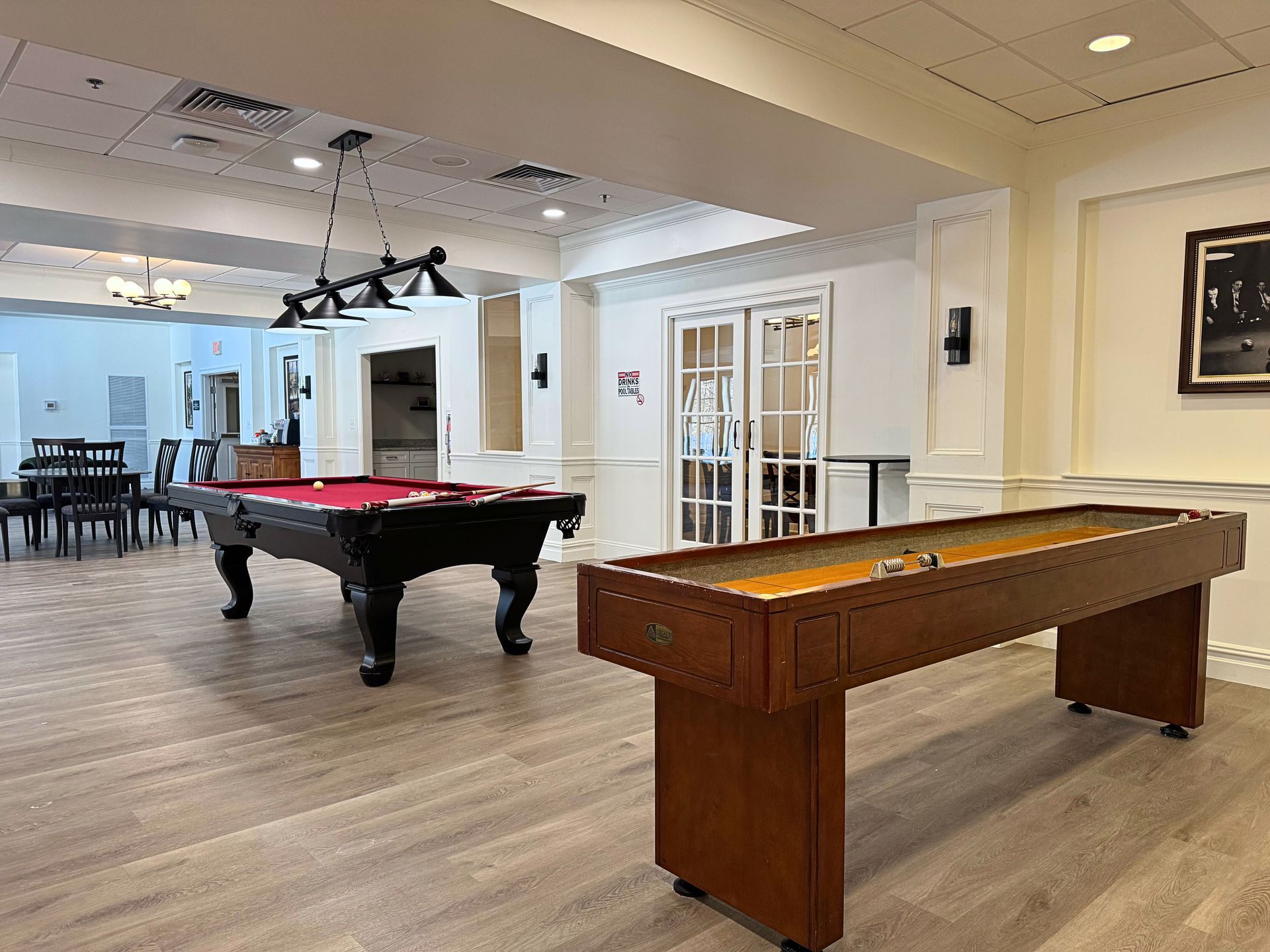 Game room with pool table and shuffleboard. Light wood floors, white walls, and black lighting fixtures.
