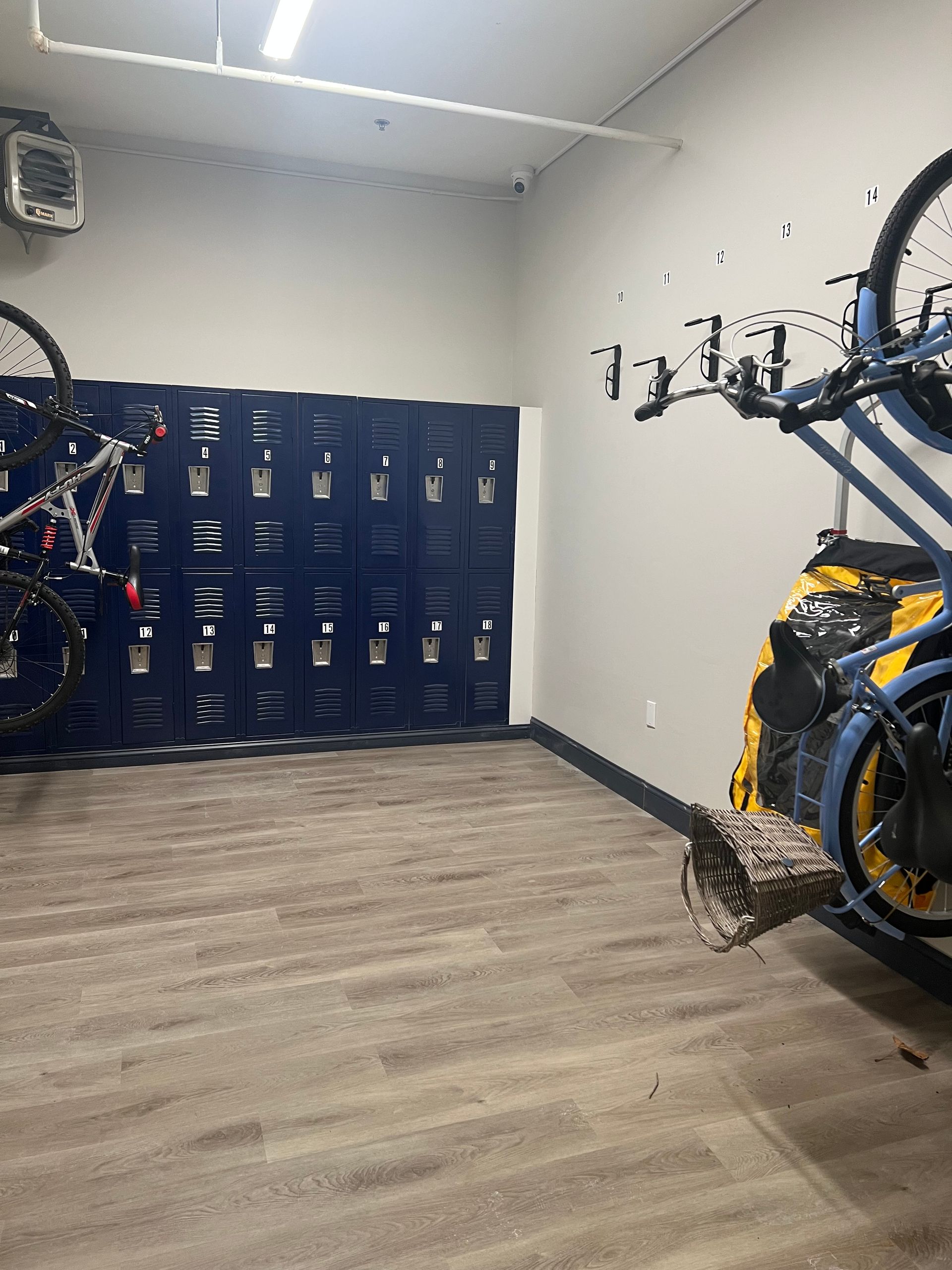 A room with blue lockers, a bike, and wood-look flooring. A bike is mounted on the wall.