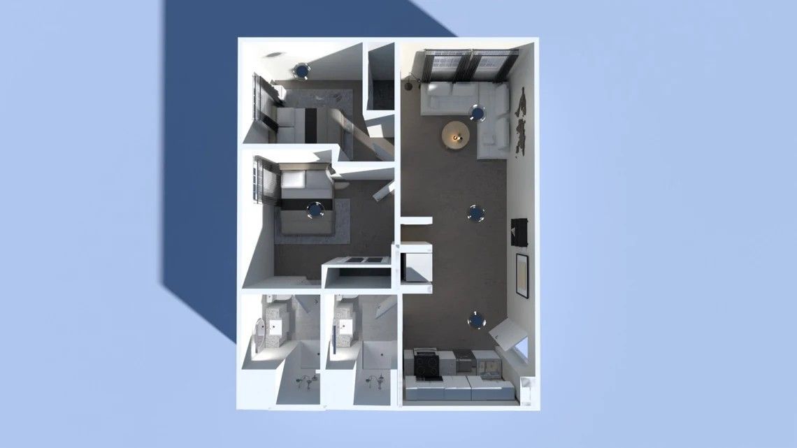 Floor plan of a modern apartment; a top-down view shows rooms with furniture and fixtures against a blue background.