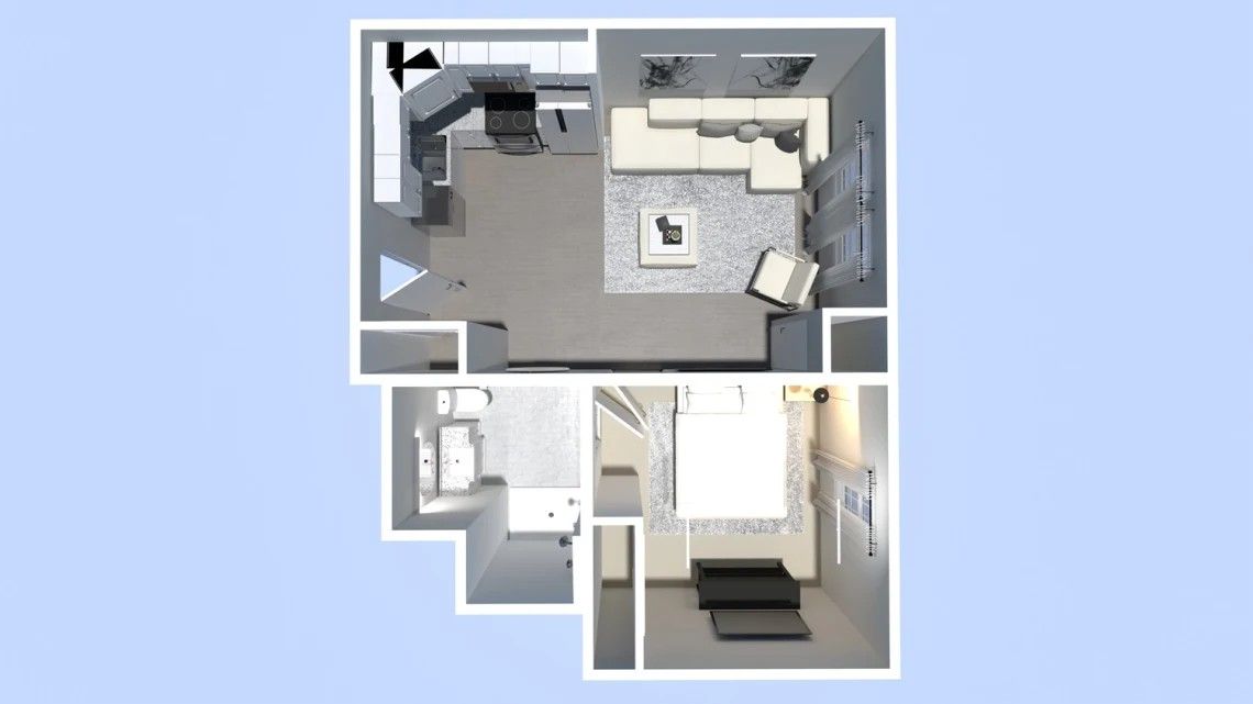 Floor plan of a home: living area with sofa, kitchen, bedroom with bed, bathroom. Gray and white interior.