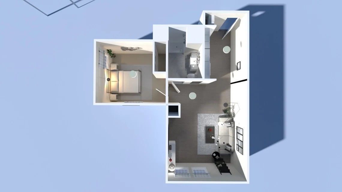 Top-down view of a small apartment layout. Bedroom, bathroom, and kitchen/living space. Gray and white interior.