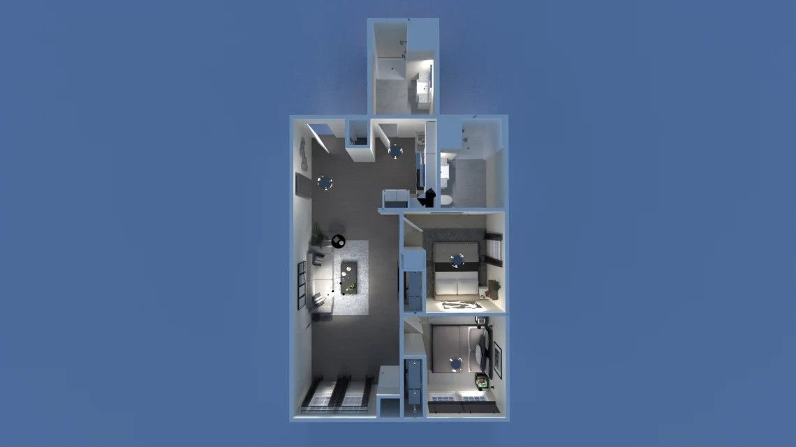 Top-down view of a small apartment floor plan with a living room, bedrooms, bathroom, and kitchen.