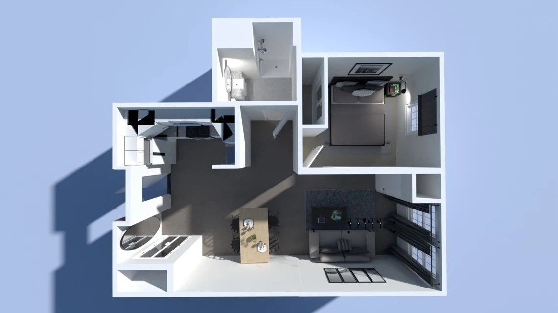 3D top-down view of a modern apartment layout: kitchen, living space, bedroom, and bathroom.