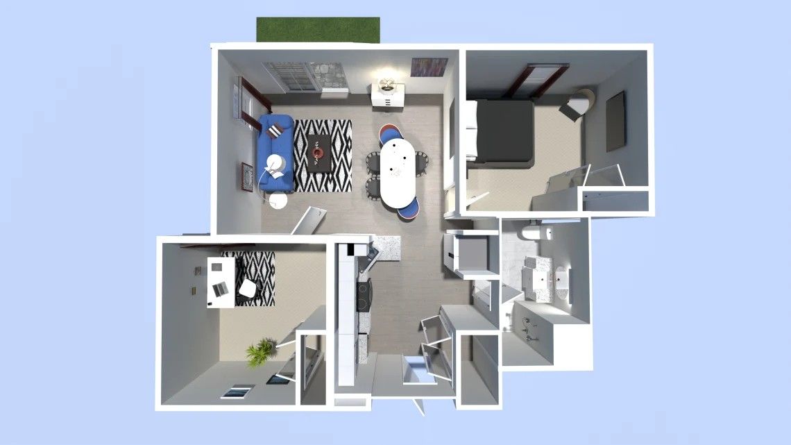 Top-down view of a furnished apartment with living area, kitchen, bedroom, and office. Blue and white color scheme.