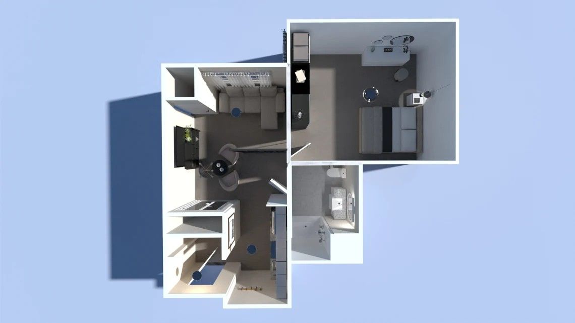 Overhead view of a small apartment floor plan; includes kitchen, living area, bedroom, and bathroom.