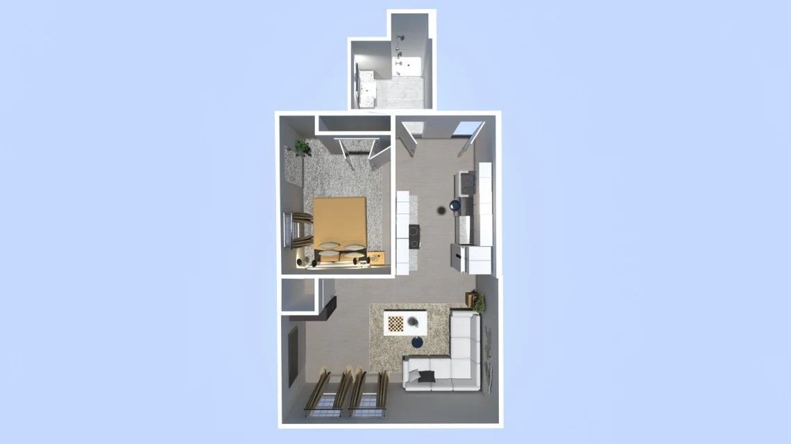Floor plan of a small apartment: bedroom, living area with kitchen, and bathroom. Furnished with neutral tones.