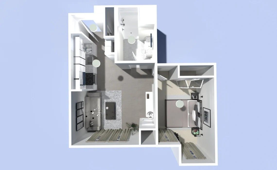 Overhead view of a modern studio apartment floor plan with kitchen, bath, living, and sleeping areas in neutral tones.