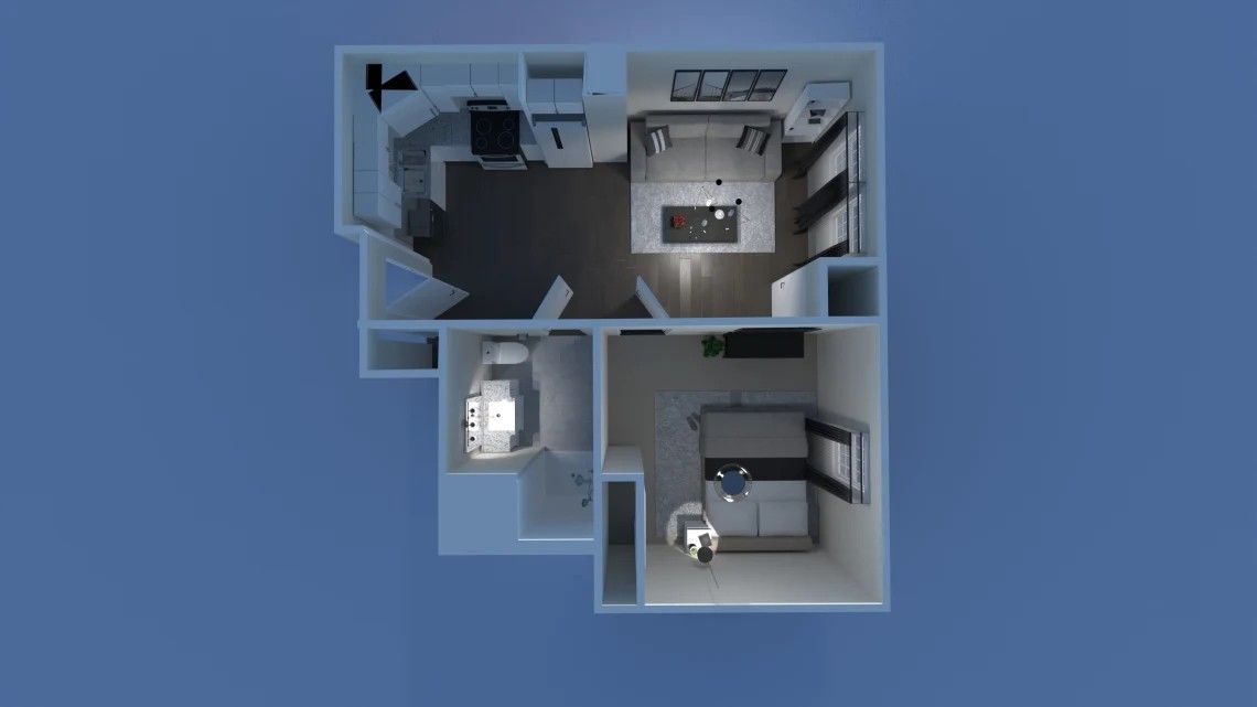 Top-down view of a small apartment floor plan. It shows a kitchen, living area, bedroom, and bathroom, all in a pale, illuminated setting.