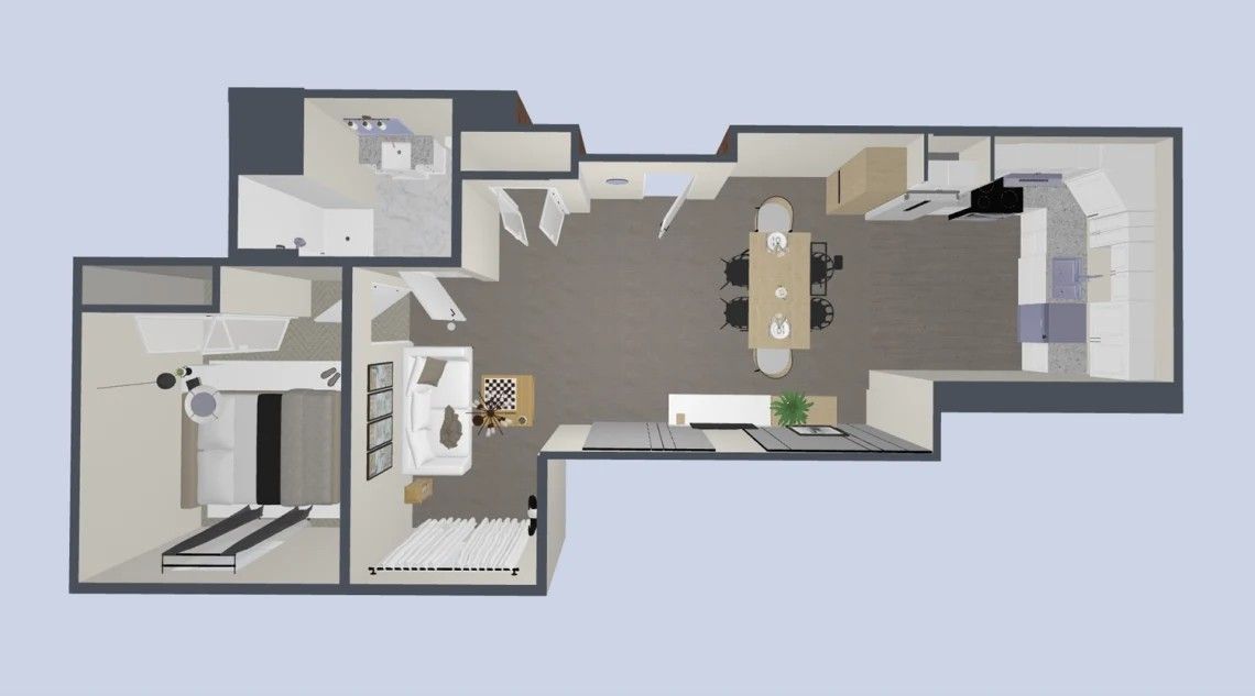 Floor plan of an apartment showing a kitchen, living area, dining area, and bedrooms.