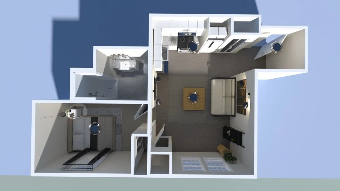 Top-down view of a small apartment layout. Kitchen, living area, and bedroom are visible. Gray and white interior.