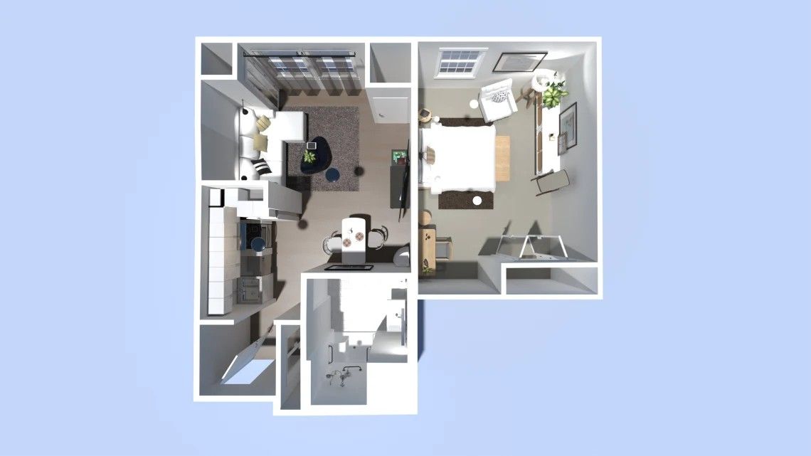 Overhead view of a small apartment layout. Includes a bedroom, kitchen with a sink, and a bathroom.