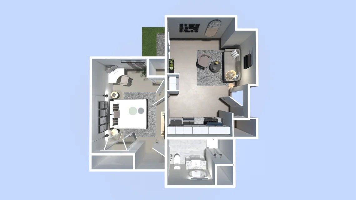 Top-down floor plan of a modern apartment; living room, bedroom, bathroom, and kitchen are visible.