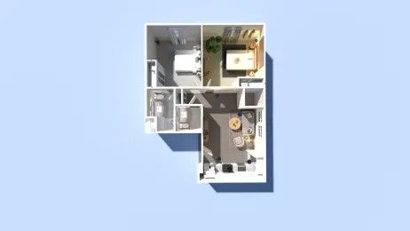 Floor plan of an apartment with a bedroom, living room, and kitchen, viewed from above.