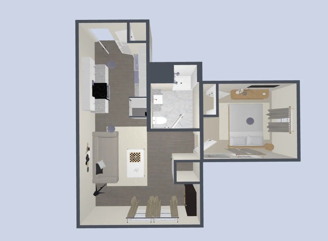 Floor plan of an apartment with kitchen, living room, bedroom, and bathroom. Furnishings are included.