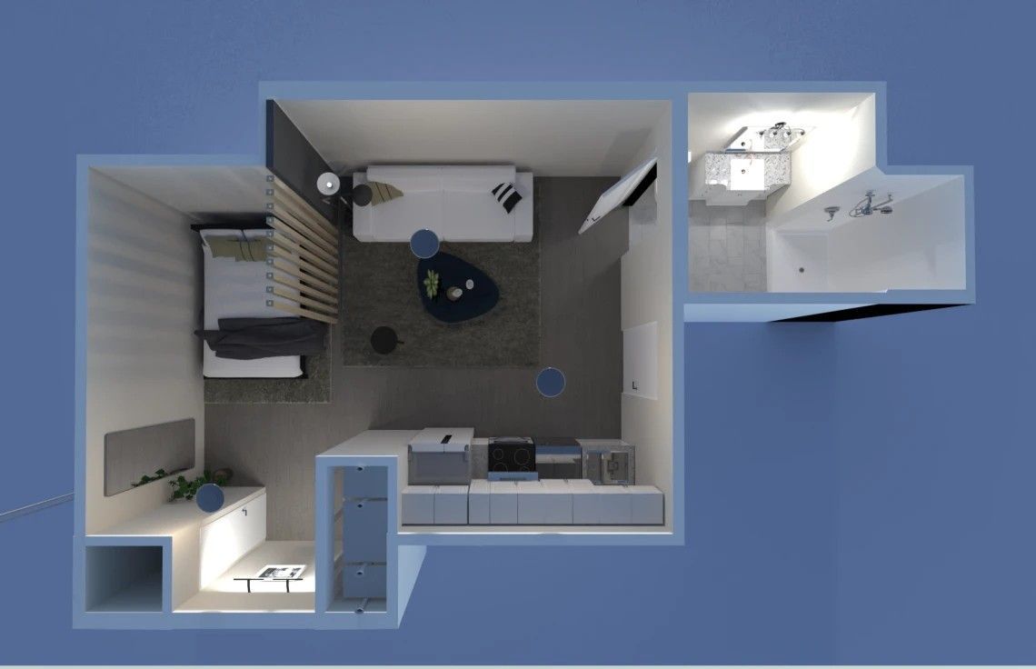 Overhead view of a small apartment with bedroom, living area, kitchen, and bathroom; muted tones, some furniture visible.