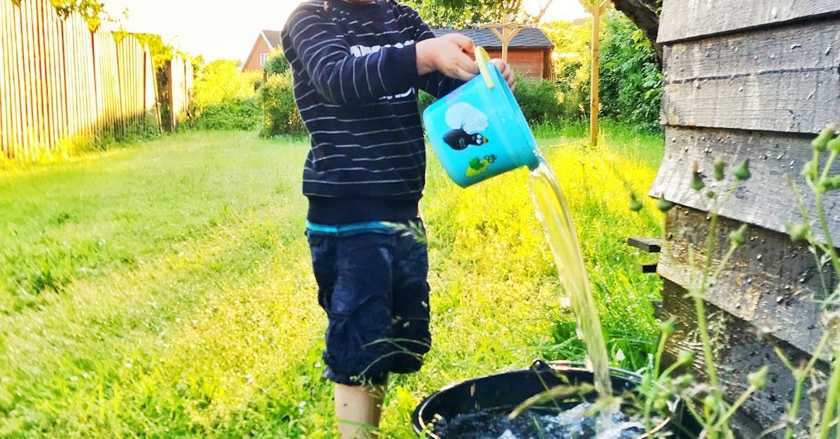 A young boy is pouring water from a watering can into a bucket.