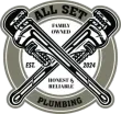 Logo for "All Set Plumbing," featuring crossed pipe wrenches in a grey and white circular badge, established 2024.