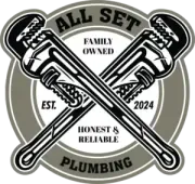 Logo for "All Set Plumbing," featuring crossed pipe wrenches in a grey and white circular badge, established 2024.
