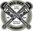 Logo for "All Set Plumbing," featuring crossed pipe wrenches in a grey and white circular badge, established 2024.