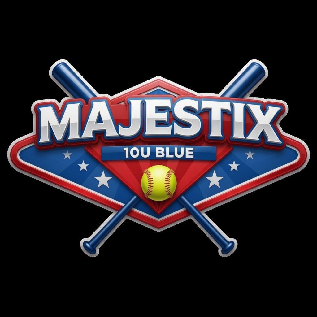 MAJESTIX 10U Blue baseball logo with crossed bats and a ball on a red, white, and blue badge