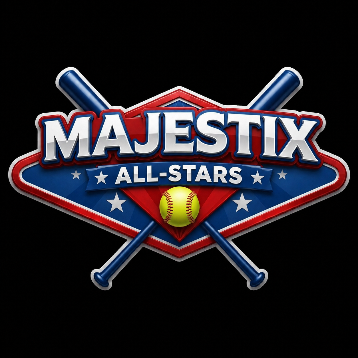 Majestix All-Stars baseball logo with crossed bats, stars, and a red baseball on a dark background