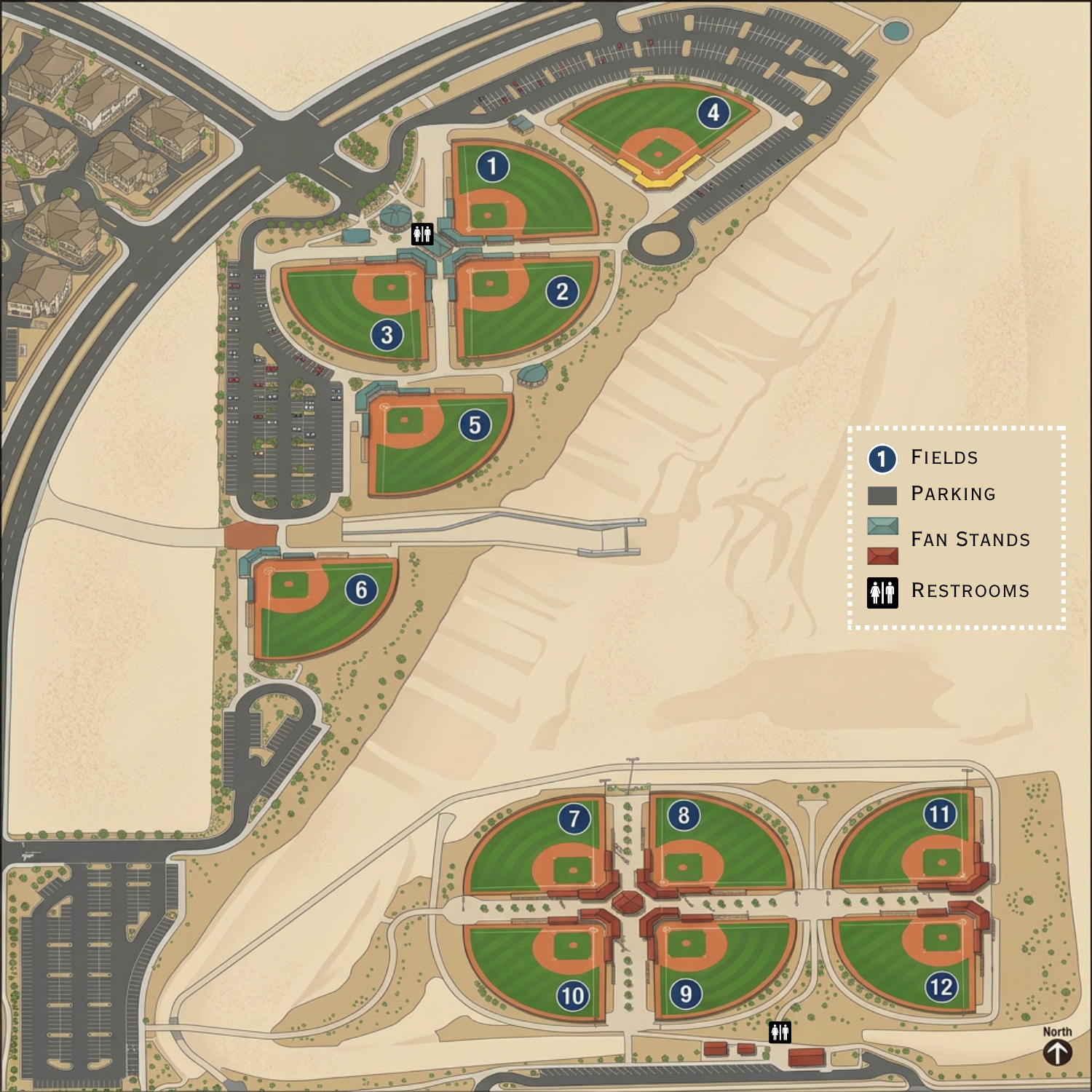 Aerial site map of a desert sports complex with multiple baseball fields, roads, parking, and legend.