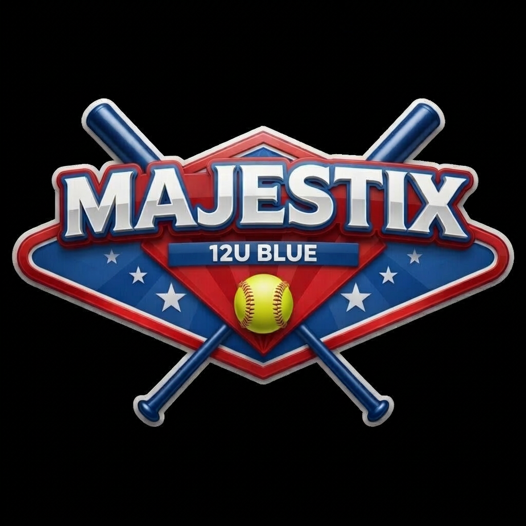 MAJESTIX 12U BLUE softball logo with crossed bats and a red baseball on a blue shield