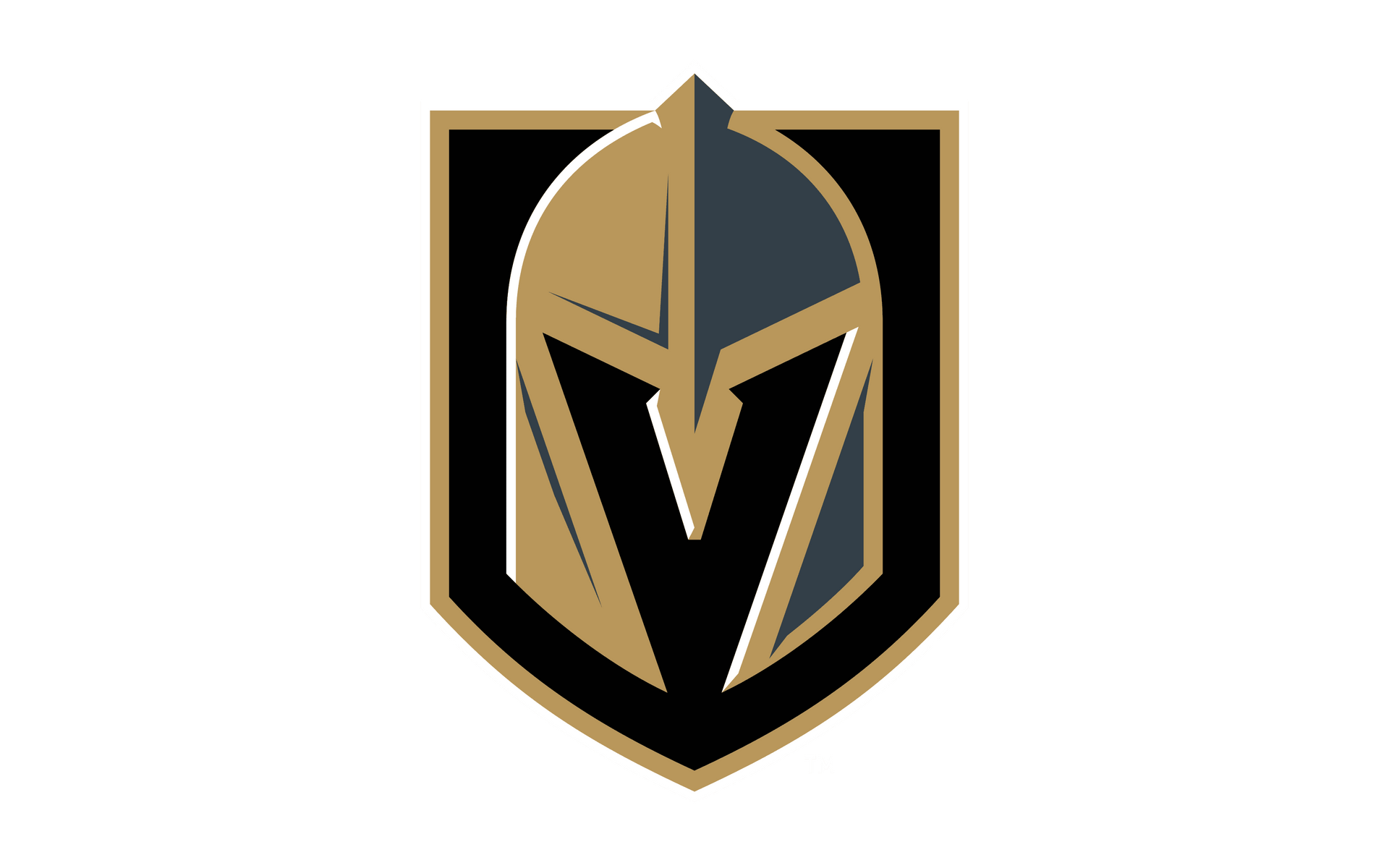 Gold and black Spartan-style helmet shield logo on a black background