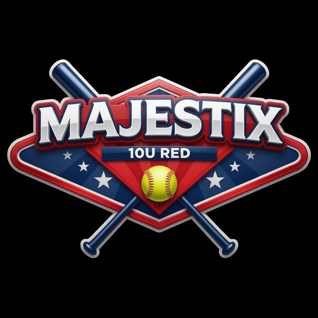 Majestix 10U Red baseball logo with crossed bats, red diamond, and softball emblem