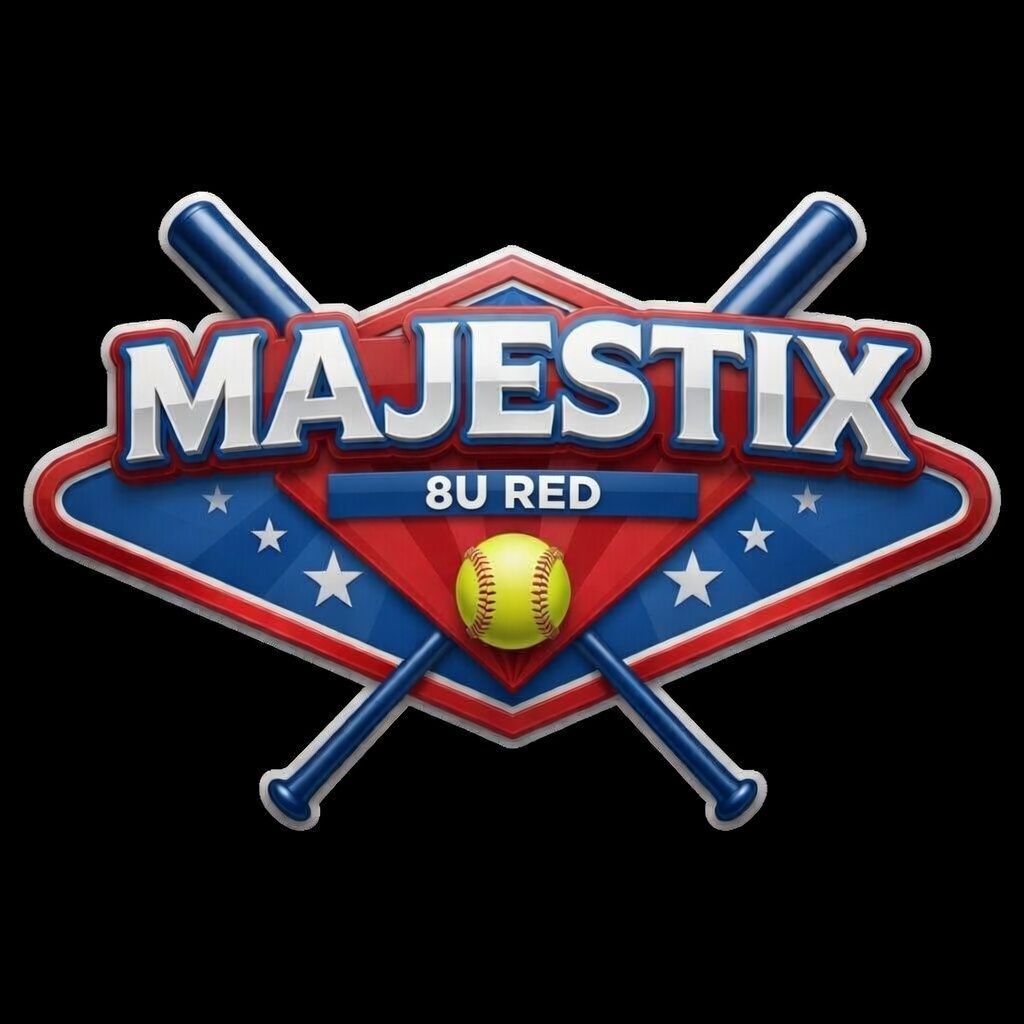MAJESTIX BU RED baseball logo with crossed bats, baseball, and blue-red stars and stripes emblem