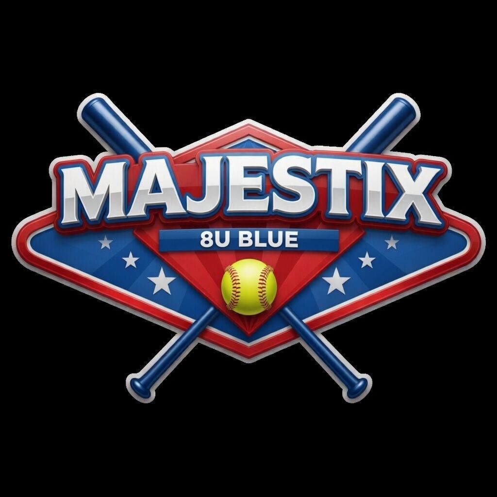 Majestix 8U Blue baseball logo with crossed bats and a baseball on a red, white, and blue shield