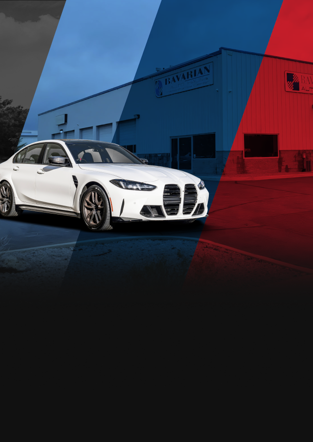 White BMW sedan parked in front of a building with BMW colors overlayed. | Bavarian Auto Haus