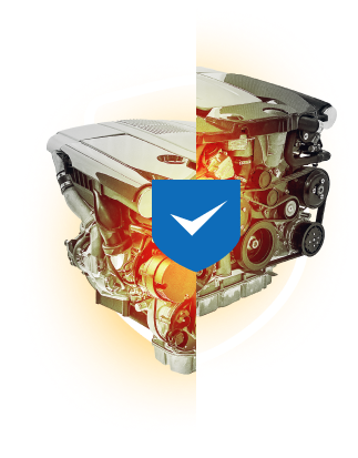 Engine split view with shield icon indicating protection or approval. | Bavarian Auto Haus