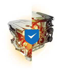 Engine split view with shield icon indicating protection or approval. | Bavarian Auto Haus