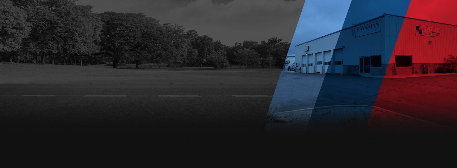 Building with blue and red overlay, trees in background. | Bavarian Auto Haus