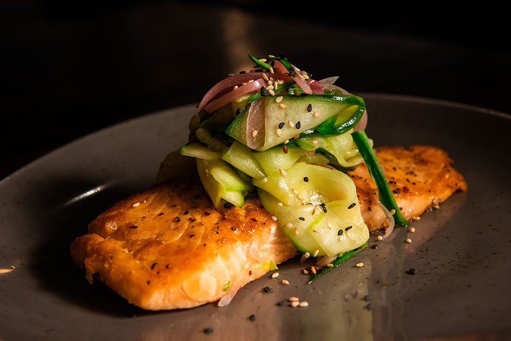 seared Atlantic salmon, cucumber salad and edamame puree