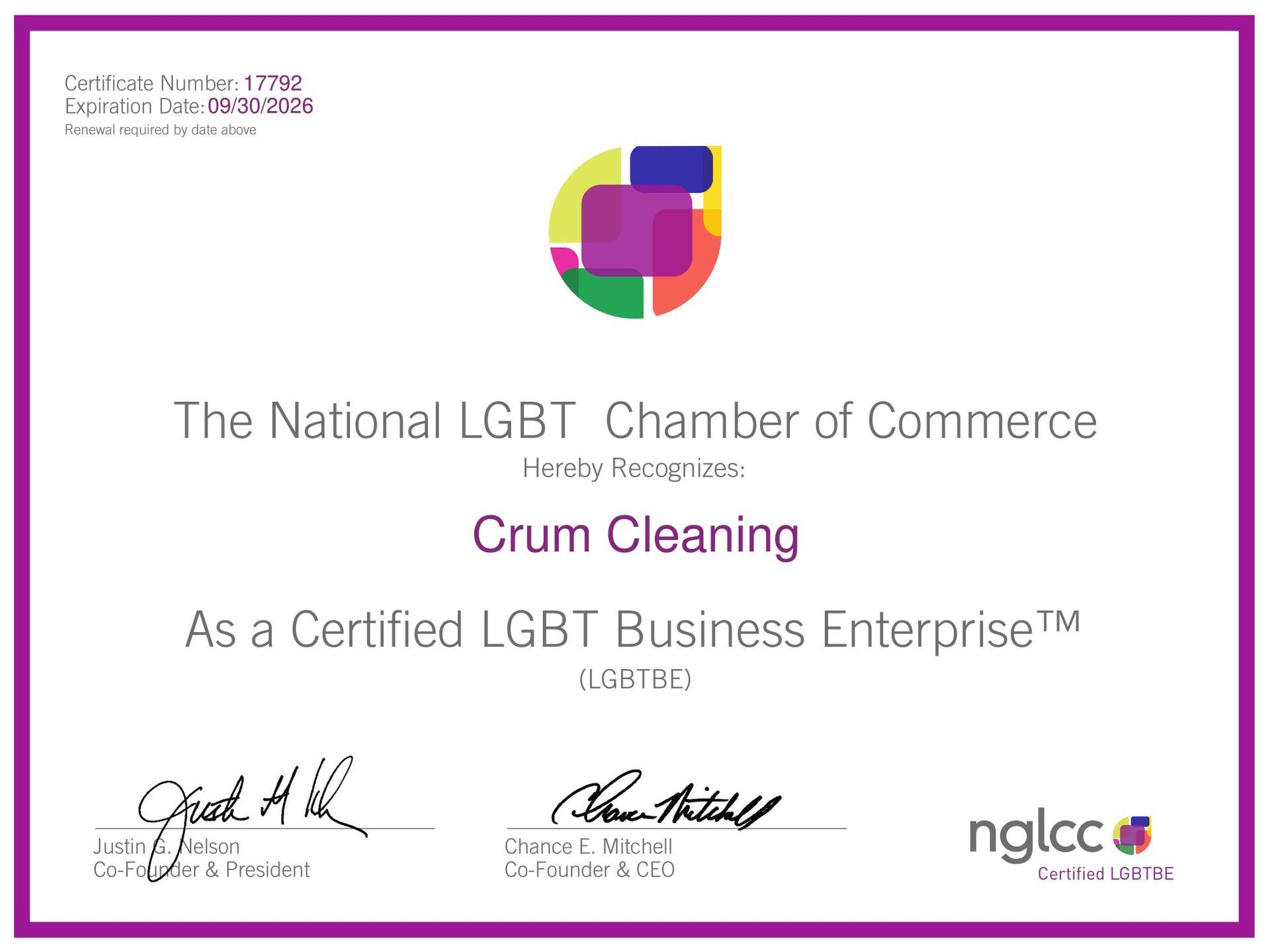 The National LGBT Chamber of Commerce Certificate