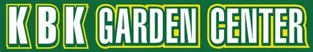 Logo for KBK Garden Center featuring white text with a lime green outline on a dark green background.