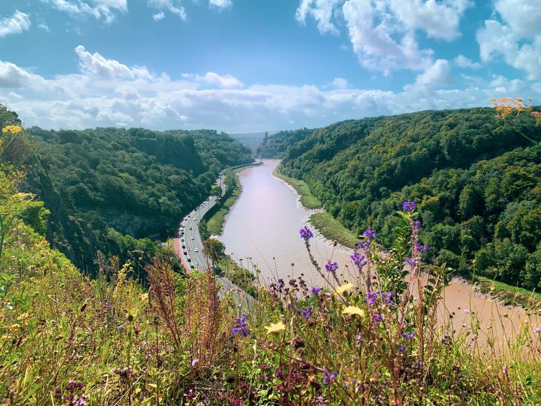 the river Avon flowing through the Avon gorge is surrounded by trees on a sunny day.