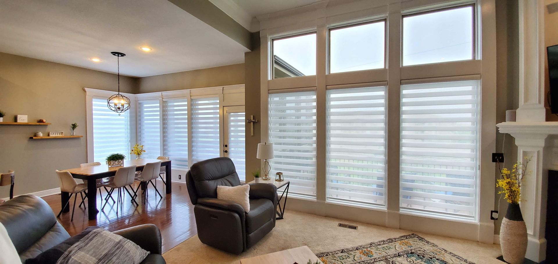 Solar Shield Banded Shades installed on living room windows in Kansas City, MO